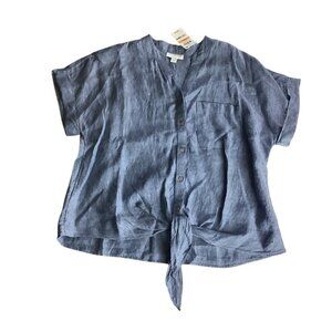 Charter Club Womens Button Up Tie Front Linen Shirt‎ Solid Blue Ocean Small